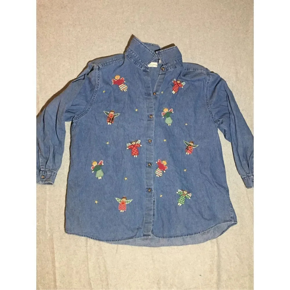Womens Victoria Jones Button Up Size 24W Angels Embroidery Denim Cute Vintage
